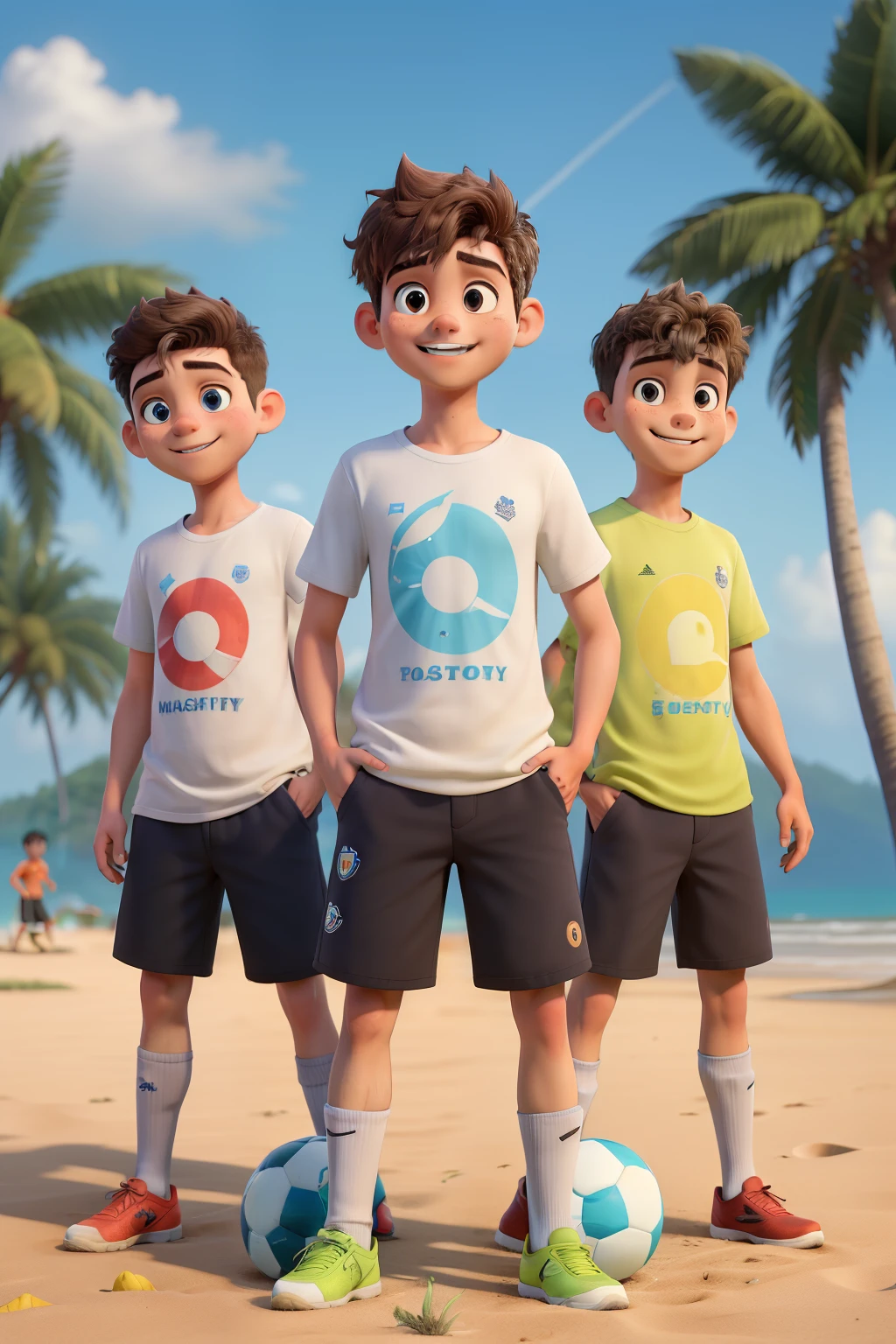 ((best quality)), ((masterpiece)), (detailed), 5villageboys are playing soccer happyly in the rains, wearing casual t-shirts different colors each othera, there is coconut trees, white sands at the beach.