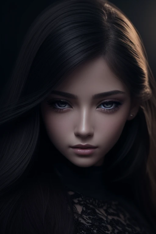 stunning realistic portrait of a beautiful girl with thoughtful, artistic gaze, detailed facial features, long eyelashes, mesmerizing eyes, delicate lips, elegant expression, intricate hairstyle, soft skin, high resolution, masterpiece, cinematic lighting, photorealistic, 8k, award-winning digital art