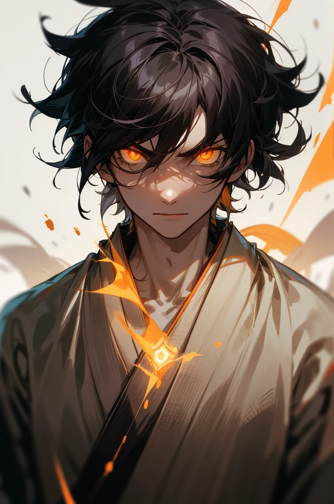 ((best quality)), (detailed), 1boy, 19 years old, black hair, (((short hair))), monk, orange eyes, ((orange powerful aura)), glowing eyes, menacing pose, ((black kimono)) with orange details, BREAK, solid background, character upperbody portrait