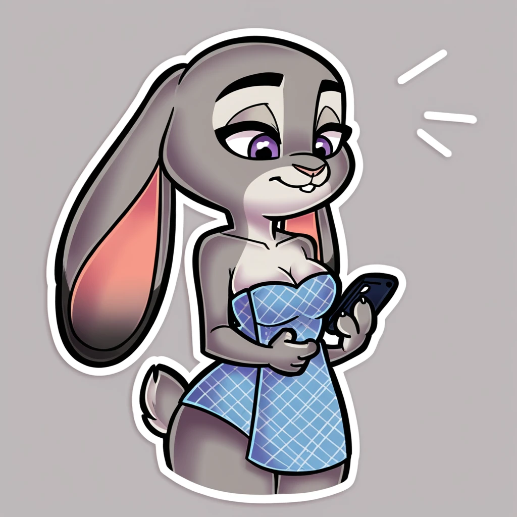 score_9_presence, score_8_up, Judy Hopps, wrapped in towel medium breasts, holding phone