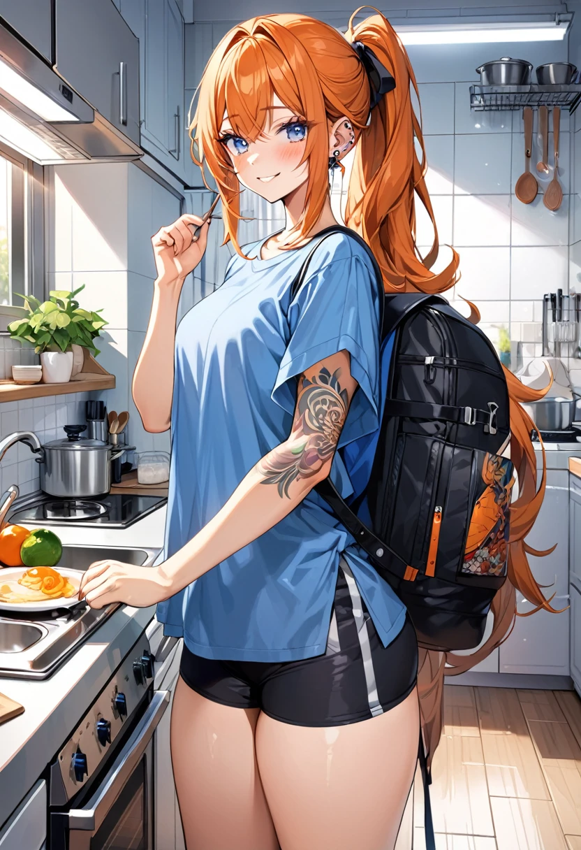 20 year old female, long orange hair, messy hair, ponytail, perfect eyes, perfect blue irises, perfect pupils, thick thighs, oversized shirt, black shorts, oversized backpack, many ear piercings, doing dishes, blushing smile, apartment kitchen, otaku, standing in front of sink, highly detailed, best detail, best hands, right forearm tattoo, perfect tattoo, perfect hands, perfect fingers, perfect anatomy 