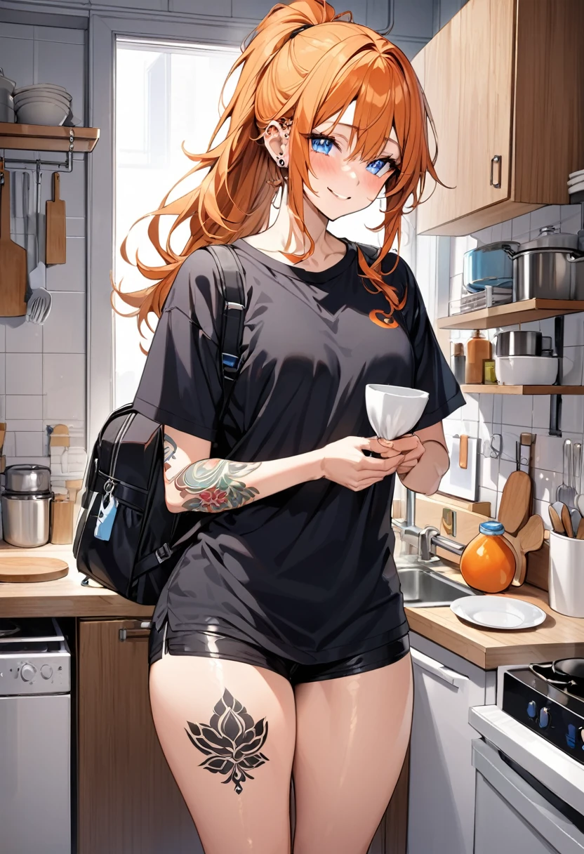 20 year old female, long orange hair, messy hair, ponytail, perfect eyes, perfect blue irises, perfect pupils, thick thighs, oversized shirt, black shorts, oversized backpack, many ear piercings, doing dishes, blushing smile, apartment kitchen, otaku, standing in front of sink, highly detailed, best detail, best hands, right forearm tattoo, perfect tattoo, perfect hands, perfect fingers, perfect anatomy 