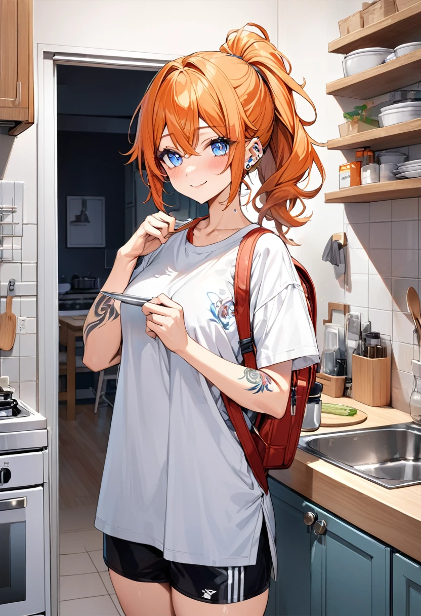 20 year old female, long orange hair, messy hair, ponytail, perfect eyes, perfect blue irises, perfect pupils, thick thighs, oversized shirt, black shorts, oversized backpack, many ear piercings, doing dishes, blushing smile, apartment kitchen, otaku, standing in front of sink, highly detailed, best detail, best hands, right forearm tattoo, perfect tattoo, perfect hands, perfect fingers, perfect anatomy