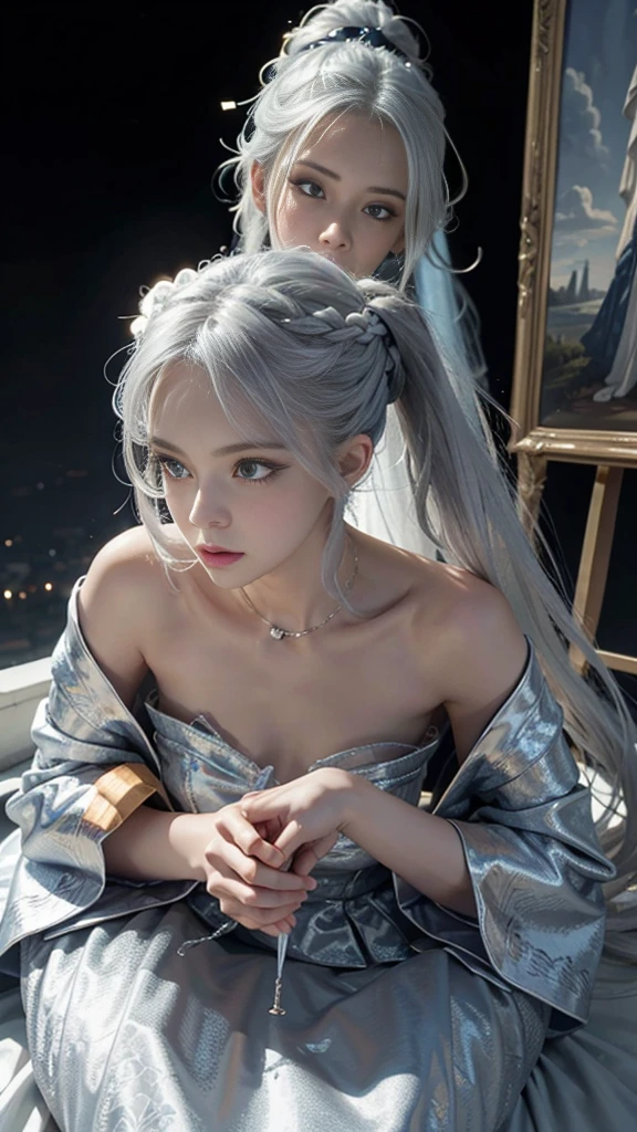 a princess, silver hair, ponytail, wearing a thin silver nightgown, in the kingdom, alone, painting, bright blue eyes, white skin, beautiful face, sad expression, ultra hd image, aesthetic, eye level camera, night time, sitting , full body, HD image, facing the camera, looking at the painting, image taken from the side, camera position at eye level