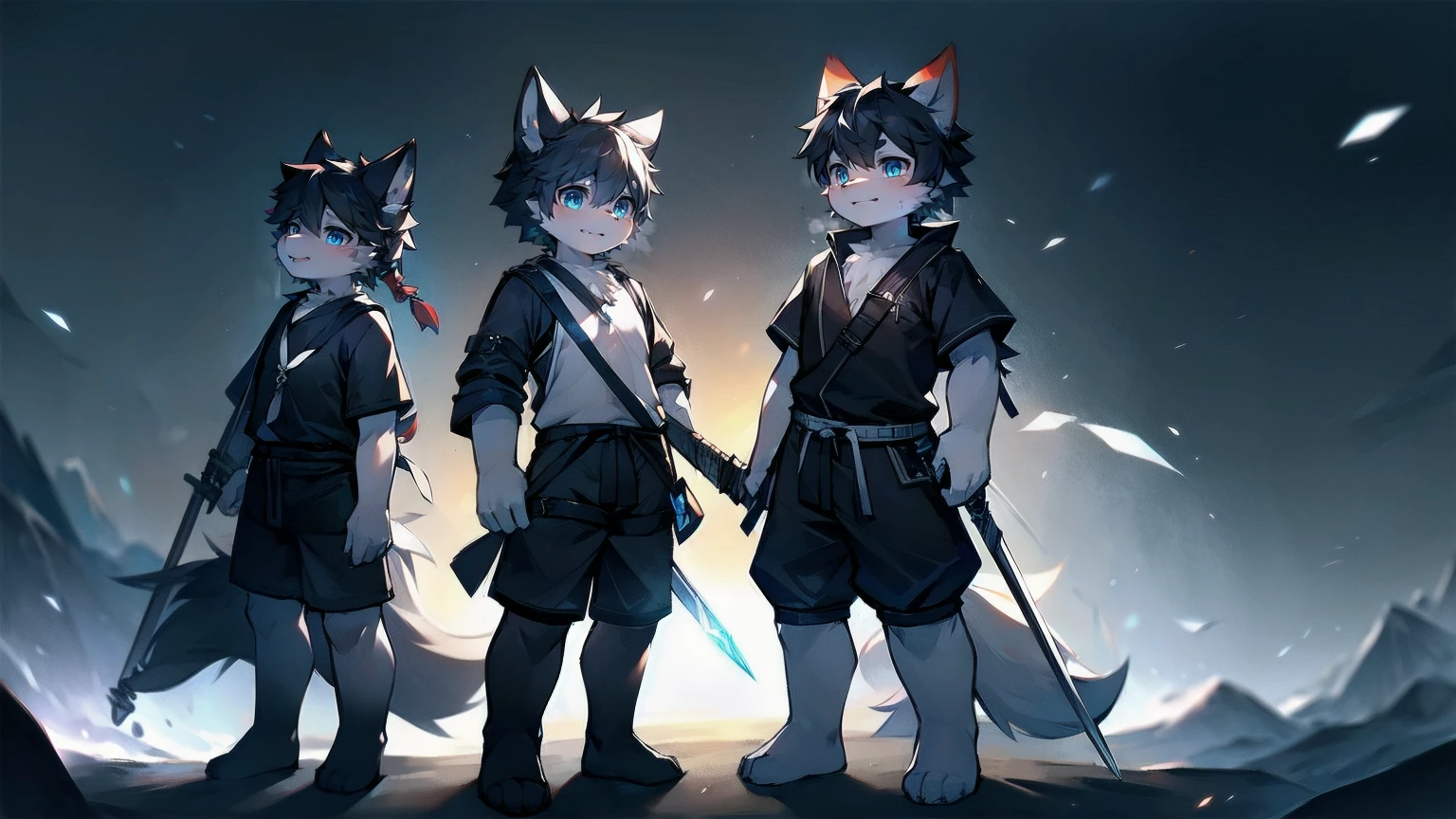 White Wolf，black hair，Sky blue eyes，hairy，Wolf ears，Wolf tail，Full body portrait，The character is in the center of the frame，Handsome，Confident eyes，male，juvenile，Black and white combat uniform，Red neck bib，Black shorts，Short sleeve，hairy arms and legs，Dark background，Dark battlefield，dawn，sunrise，dawn，illumination，shadow，Swordsman，Scabbard and sword，Hold the hilt of a sword in your hand，The scabbard is at the waist，Highest quality
