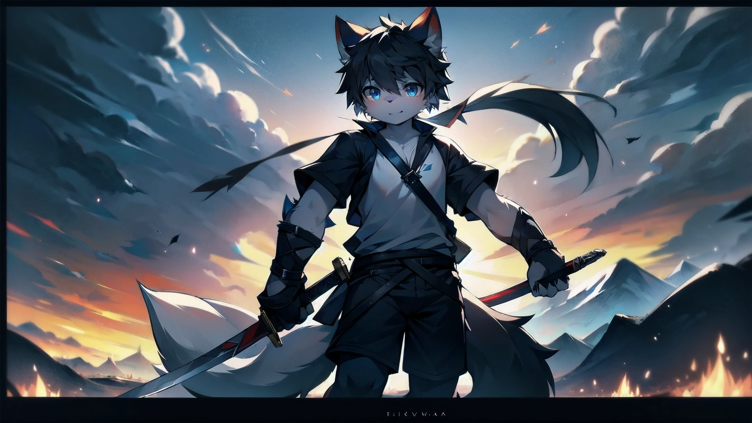 White Wolf，black hair，Sky blue eyes，hairy，Wolf ears，Wolf tail，Full body portrait，The character is in the center of the frame，Handsome，Confident eyes，male，juvenile，Black and white combat uniform，Red neck bib，Black shorts，Short sleeve，hairy arms and legs，Dark background，Dark battlefield，dawn，sunrise，dawn，illumination，shadow，Swordsman，Scabbard and sword，Hold the hilt of a sword in your hand，The scabbard is at the waist，Highest quality