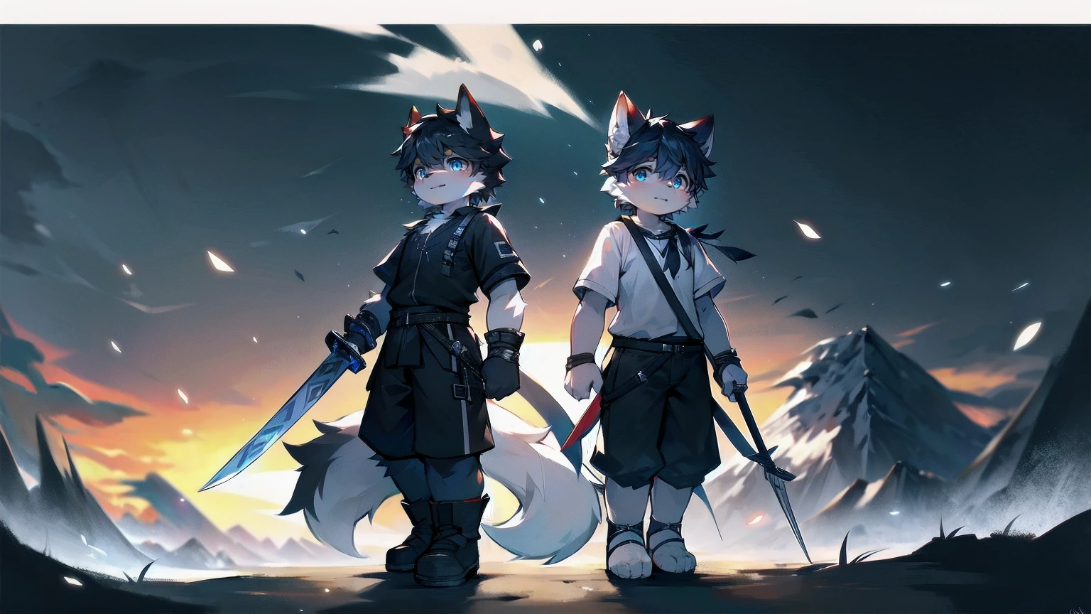 White Wolf,black hair,Sky blue eyes,hairy,Wolf ears,Wolf tail,Full body portrait,The character is in the center of the frame,Handsome,Confident eyes,male,juvenile,Black and white combat uniform,Red neck bib,Black shorts,Short sleeve,hairy arms and legs,Dark background,Dark battlefield,dawn,sunrise,dawn,illumination,shadow,Swordsman,Scabbard and sword,Hold the hilt of a sword in your hand,The scabbard is at the waist,Highest quality
