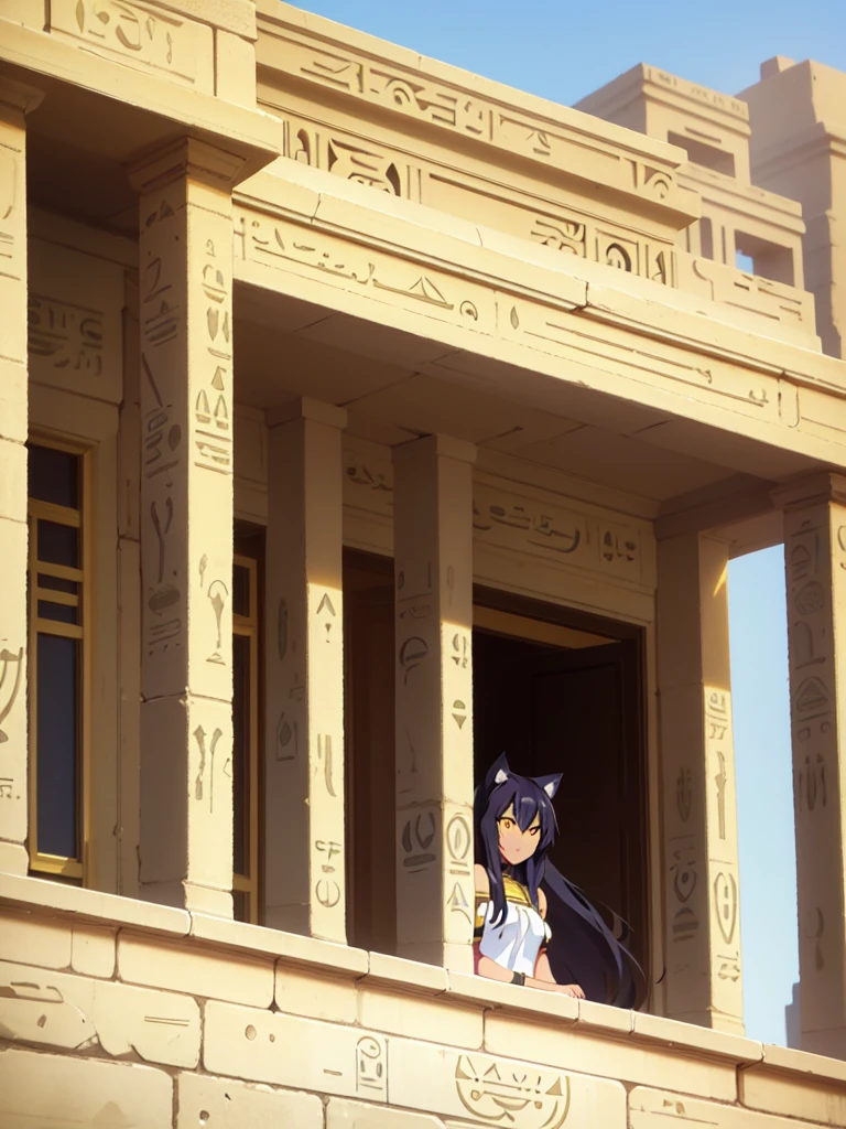 1girl ,solo,20s,mature female,black hair,long hair,cat ears,yellow eyes,(((dark skin))),(on the balcony, Egypt city, blue sky, sun),egypt oufit,bare shoulders,