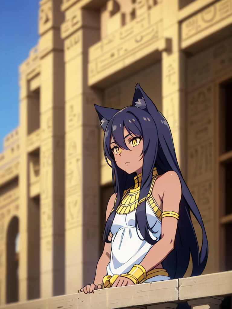 1girl ,solo,20s,mature female,black hair,long hair,cat ears,yellow eyes,(((dark skin))),(on the balcony, Egypt city, blue sky, sun),egypt oufit,bare shoulders,