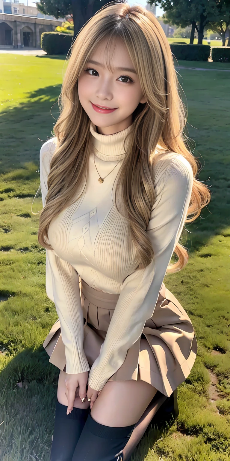 23 y-o woman, Long dark blonde wavy hair、Beige turtleneck sweater, Puffy nipple、long pleated skirt of dark blue color,Medium milk, cute smile face、(Emphasize the chest by slouching)、、Beautiful necklace、Black High Heels、Sexy lace panties、Visible shot of the whole body、On the lawn of the park、Squatting on your knees、Cute smile with upward glances
