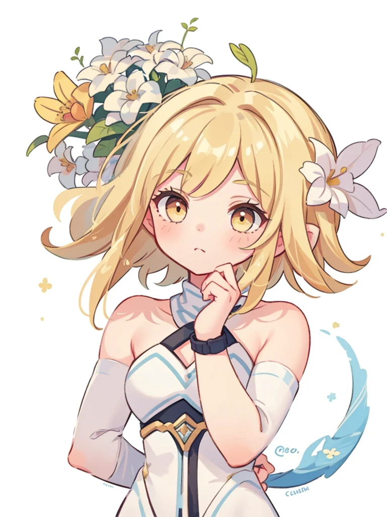 ((1girl, flower, Blond hair, white background)), upper body, anatomically correct, fixed hand, hand on chin, short hair, chibi