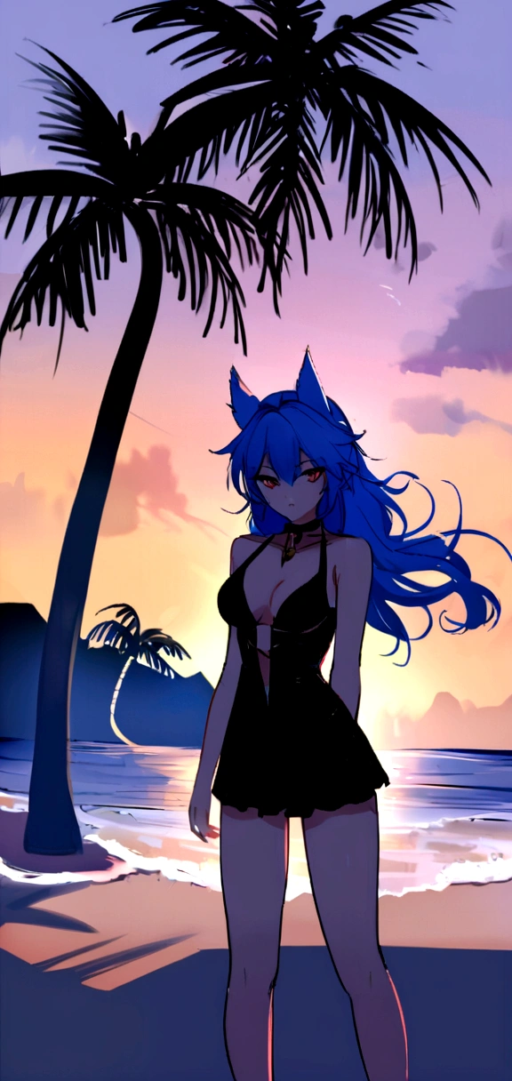 (work of art, best qualityer:1.3)
DarkstalkersFelícia, 1 girl, standing alone, long hair, hair blue, Cat's ears, cat girl, at beach, minidress, palmtrees, SUNSET,