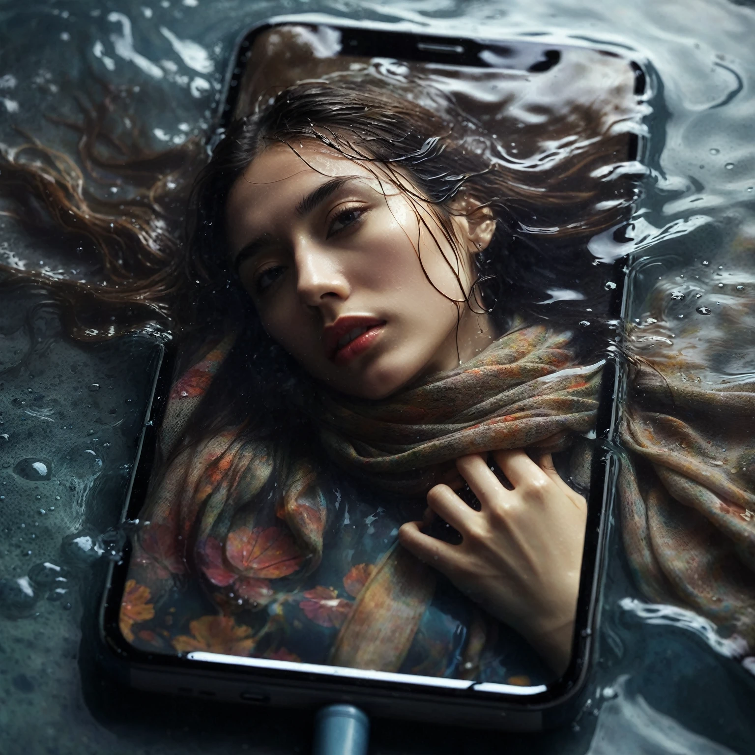 a woman with long hair and a scarf lying on a wet cellphone surface, photo manipulation, smartphone photography, professional iphone photos, face in a cellphone in a pool of water, water manipulation photoshop, water art manipulation, hd cellphone wallpaper, distorted photo, digital art, surreal water mobile art, dramatic photography, portrait photo profile picture