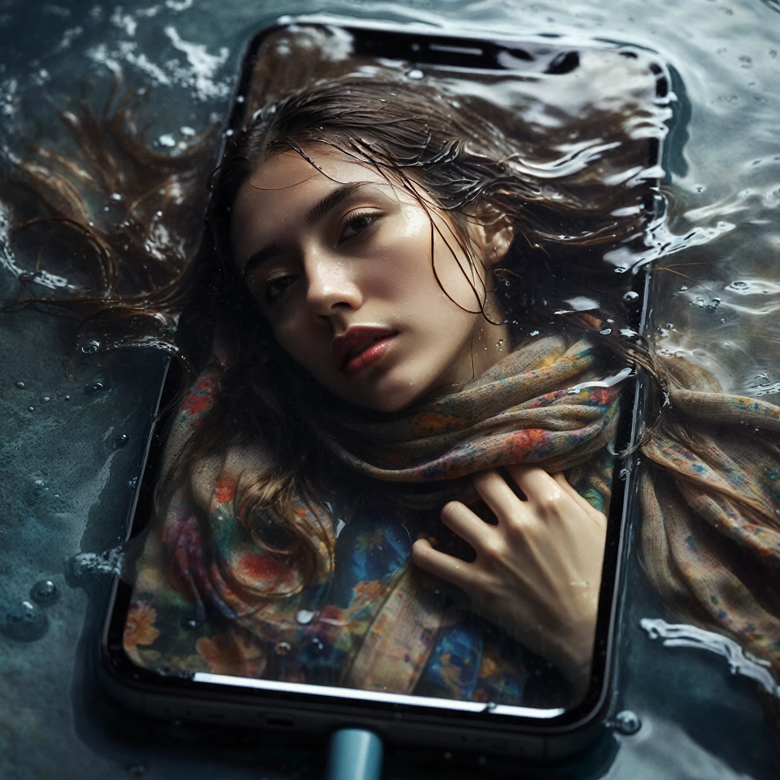 a woman with long hair and a scarf lying on a wet cellphone surface, photo manipulation, smartphone photography, professional iphone photos, face in a cellphone in a pool of water, water manipulation photoshop, water art manipulation, hd cellphone wallpaper, distorted photo, digital art, surreal water mobile art, dramatic photography, portrait photo profile picture