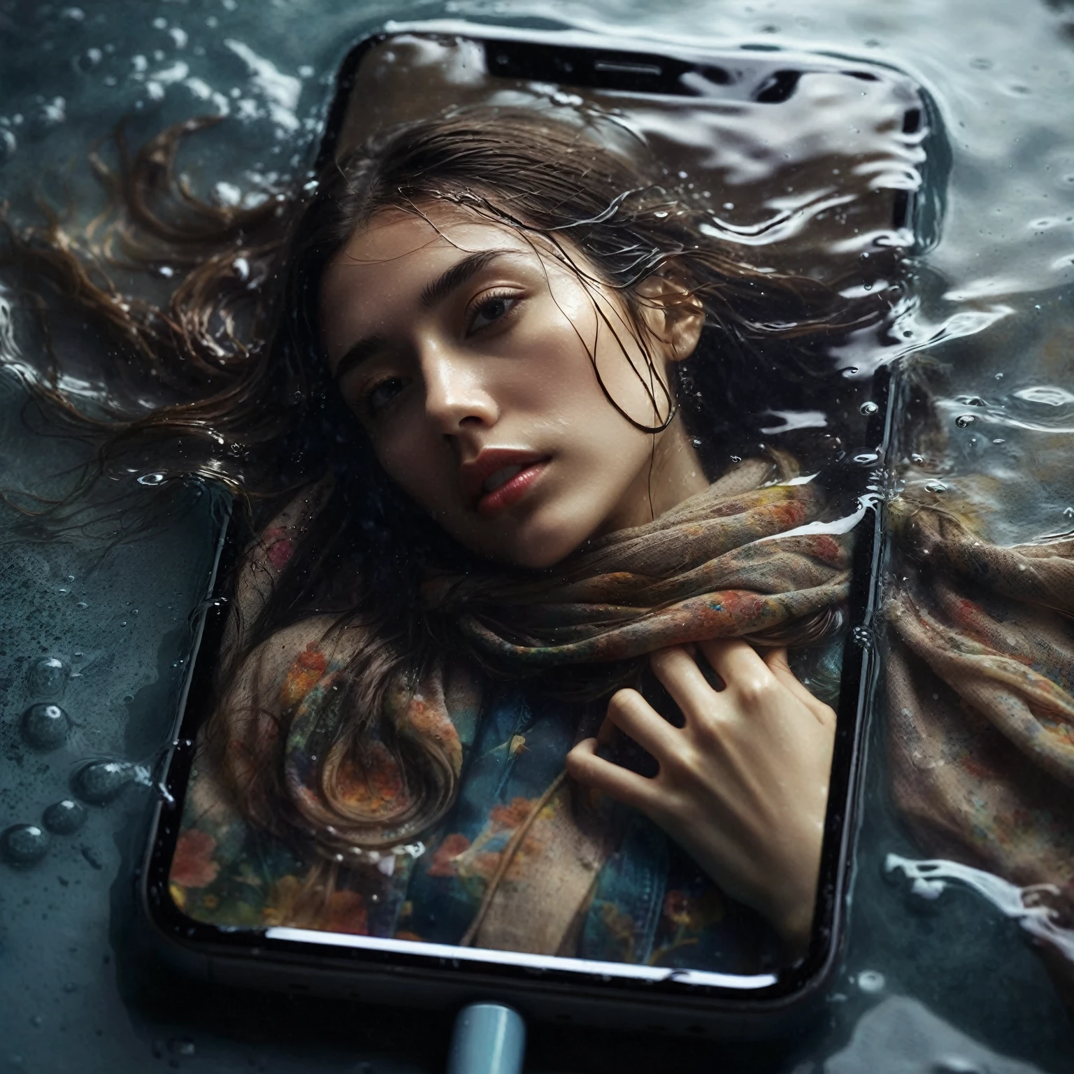 a woman with long hair and a scarf lying on a wet cellphone surface, photo manipulation, smartphone photography, professional iphone photos, face in a cellphone in a pool of water, water manipulation photoshop, water art manipulation, hd cellphone wallpaper, distorted photo, digital art, surreal water mobile art, dramatic photography, portrait photo profile picture