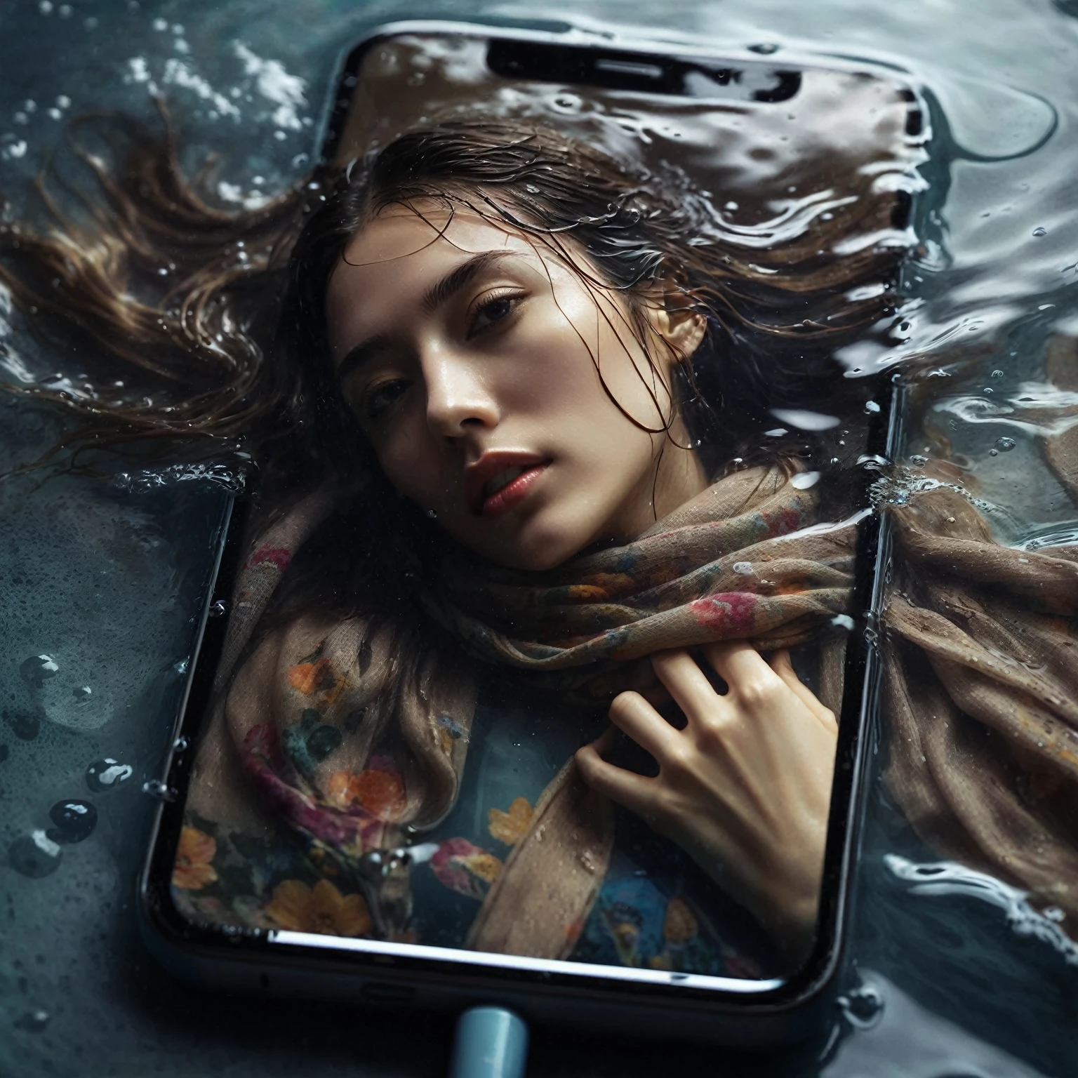 a woman with long hair and a scarf lying on a wet cellphone surface, photo manipulation, smartphone photography, professional iphone photos, face in a cellphone in a pool of water, water manipulation photoshop, water art manipulation, hd cellphone wallpaper, distorted photo, digital art, surreal water mobile art, dramatic photography, portrait photo profile picture