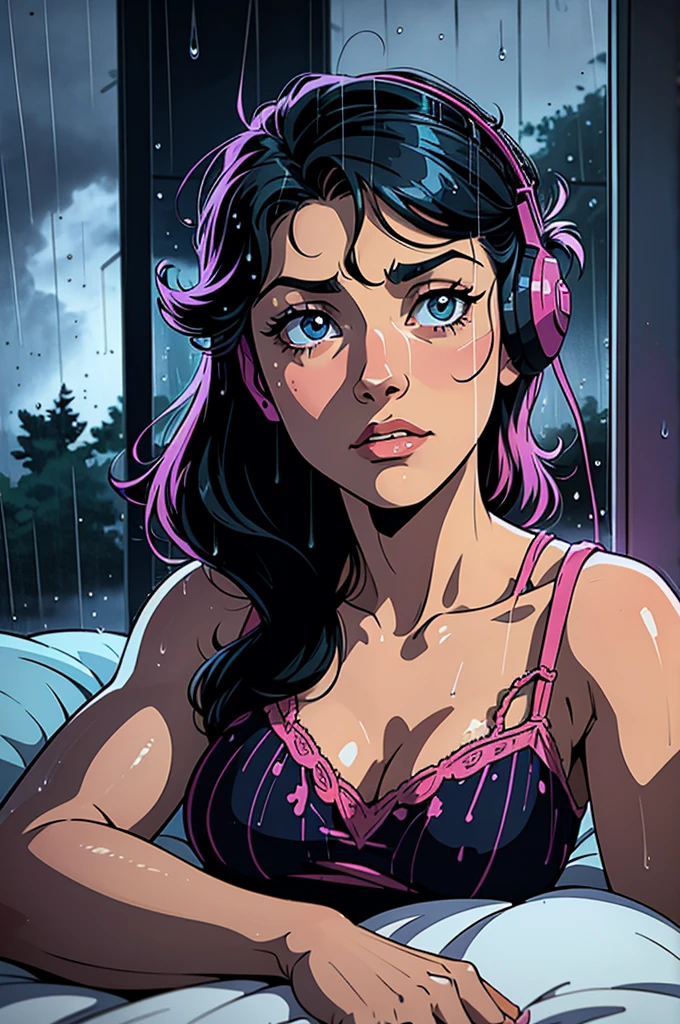 supper: A young character lying in his bed, Listening to music on headphones. The fourth, decorated in 80s retro style, It has a large glass window through which intense rain can be seen. Drops run down the window, creating a melancholic and nostalgic environment.

visual style: 80s anime, with distinctive strokes and vibrant colors. The lighting inside the room is soft, contrasting with the rainy weather outside.

atmosphere: Peace and introspection, highlighting the character&#39;s emotional connection to the music and the comfort of his personal space.

Important Details: Subtle facial expressions to convey emotion. The rain on the window should be detailed to emphasize the serenity of the scene.

