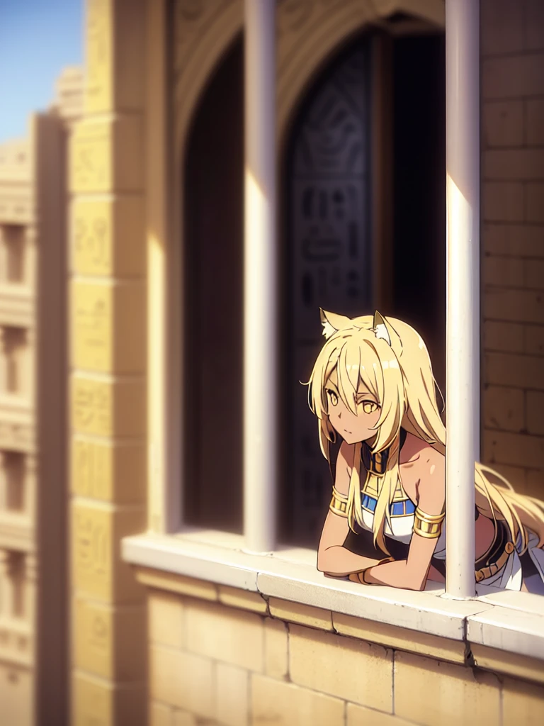 1girl ,solo,20s,mature female,blonde hair,long hair,cat ears,yellow eyes,(((dark skin))),(on the balcony, Egypt city, blue sky, sun),egypt oufit,bare shoulders,