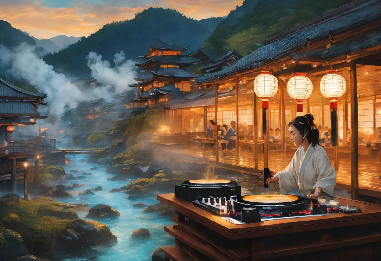 A vibrant onsen event set in a picturesque outdoor landscape with steam rising from the hot springs and lanterns casting a warm glow, where a girl with blue eyes and a cat by her side takes center stage as a DJ, spinning records and energizing the crowd with music, depicted in Dynamic Realism with a focus on capturing the lively energy and intricate details of the scene.