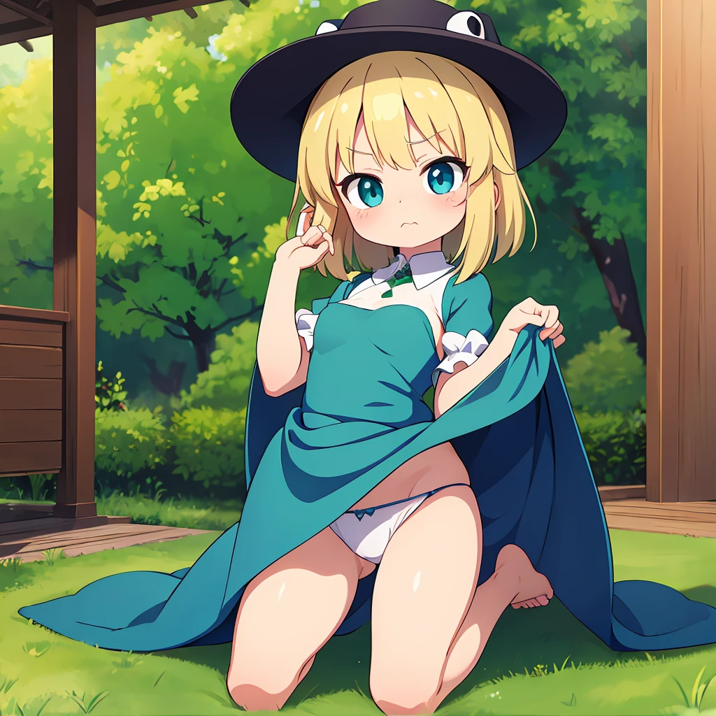 ((Highest quality)), ((masterpiece)), (detailed), Moriya Suwako short hair middle breasts WhiteThong sexy Cute face Kneeling Angry face
