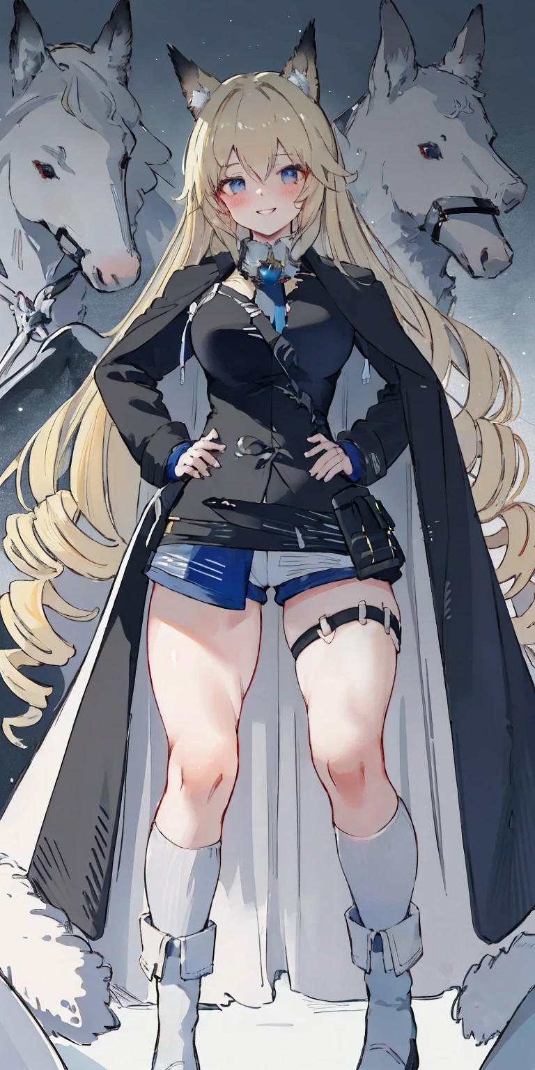(4k, ultra high resolution, Prominence in Masterpiece, High Quality, Best Quality: 1.2) full body, 1 female, solo, 1girl, 1woman, lustful smirking smile blush, looking at viewer, sitting, blonde hair, long hair, (black jacket), beautiful and detailed face, detailed eyes, looking at the viewer (grey theme) close jacket (aesthetic clothing) hands on hips, wide hips, blonde long hair, blonde drill hair, blonde twin drills hair, blue wizard hat, Handcuffs on their hands, With a collar around the neck