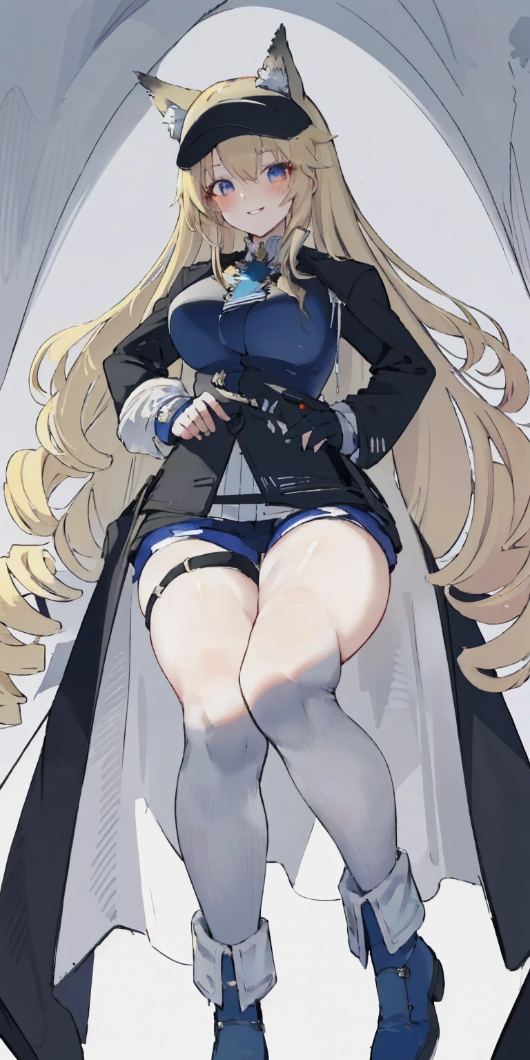 (4k, ultra high resolution, Prominence in Masterpiece, High Quality, Best Quality: 1.2) full body, 1 female, solo, 1girl, 1woman, lustful smirking smile blush, looking at viewer, sitting, blonde hair, long hair, (black jacket), beautiful and detailed face, detailed eyes, looking at the viewer (grey theme) close jacket (aesthetic clothing) hands on hips, wide hips, blonde long hair, blonde drill hair, blonde twin drills hair, blue wizard hat, Handcuffs on their hands, With a collar around the neck