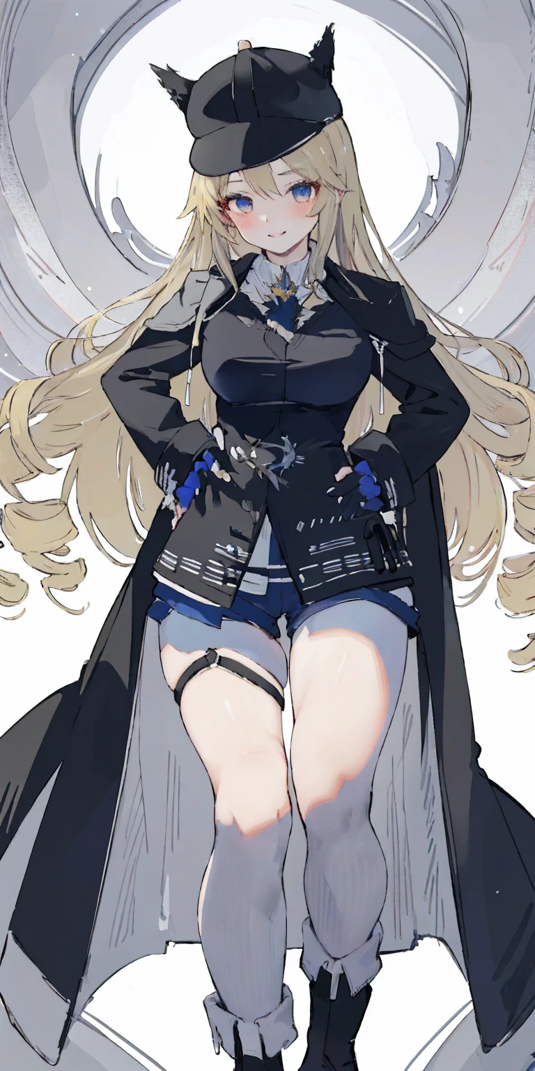 (4k, ultra high resolution, Prominence in Masterpiece, High Quality, Best Quality: 1.2) full body, 1 female, solo, 1girl, 1woman, lustful smirking smile blush, looking at viewer, sitting, blonde hair, long hair, (black jacket), beautiful and detailed face, detailed eyes, looking at the viewer (grey theme) close jacket (aesthetic clothing) hands on hips, wide hips, blonde long hair, blonde drill hair, blonde twin drills hair, blue wizard hat, Handcuffs on their hands, With a collar around the neck