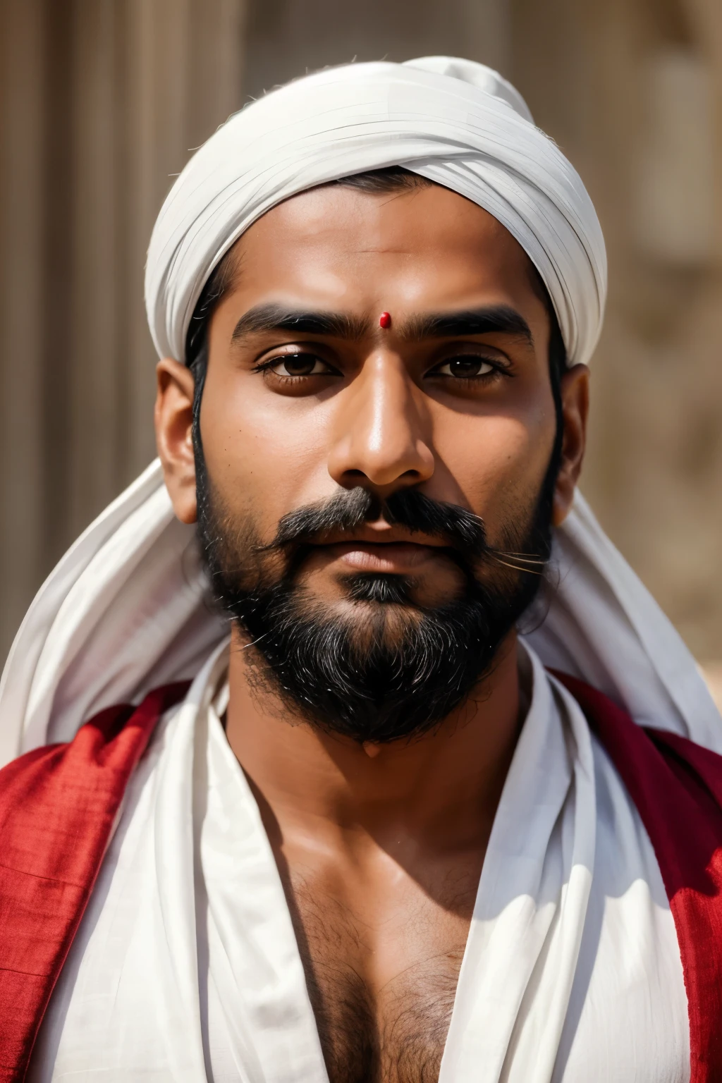a close up Indian man ,, with beard. Looking straight,, wearing white robe and a red shawl in his neck, the background is negligible, any background will go. Main focus is the model.