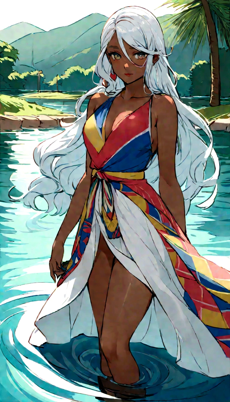 "Imagine a young Colombian woman, aged 20, with striking white hair that falls in gentle waves around her shoulders. Her eyes are a clear, bright shade, reflecting the purity of sunlight on a tranquil lake. Her complexion is smooth and bronzed, hinting at days spent under the Colombian sun. She carries herself with an air of quiet confidence, embodying the resilience and warmth typical of Colombian culture. Dressed in modern yet elegant attire, she blends traditional Colombian colors and patterns with contemporary fashion trends. Envision her standing against a backdrop of Colombian landscapes, perhaps the bustling streets of Bogotá or the serene beaches of Cartagena, her presence a reflection of youthful vitality and cultural pride."