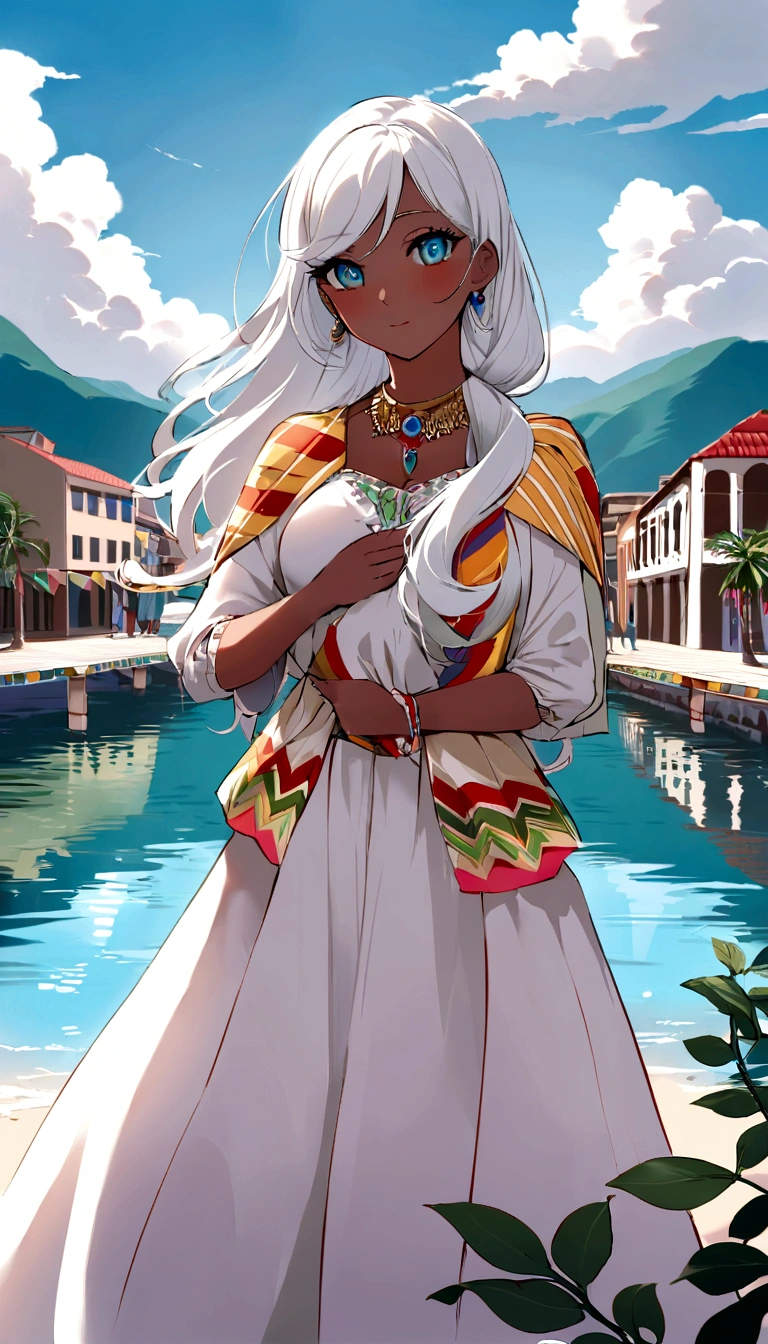 "Imagine a young Colombian woman, aged 20, with striking white hair that falls in gentle waves around her shoulders. Her eyes are a clear, bright shade, reflecting the purity of sunlight on a tranquil lake. Her complexion is smooth and bronzed, hinting at days spent under the Colombian sun. She carries herself with an air of quiet confidence, embodying the resilience and warmth typical of Colombian culture. Dressed in modern yet elegant attire, she blends traditional Colombian colors and patterns with contemporary fashion trends. Envision her standing against a backdrop of Colombian landscapes, perhaps the bustling streets of Bogotá or the serene beaches of Cartagena, her presence a reflection of youthful vitality and cultural pride."