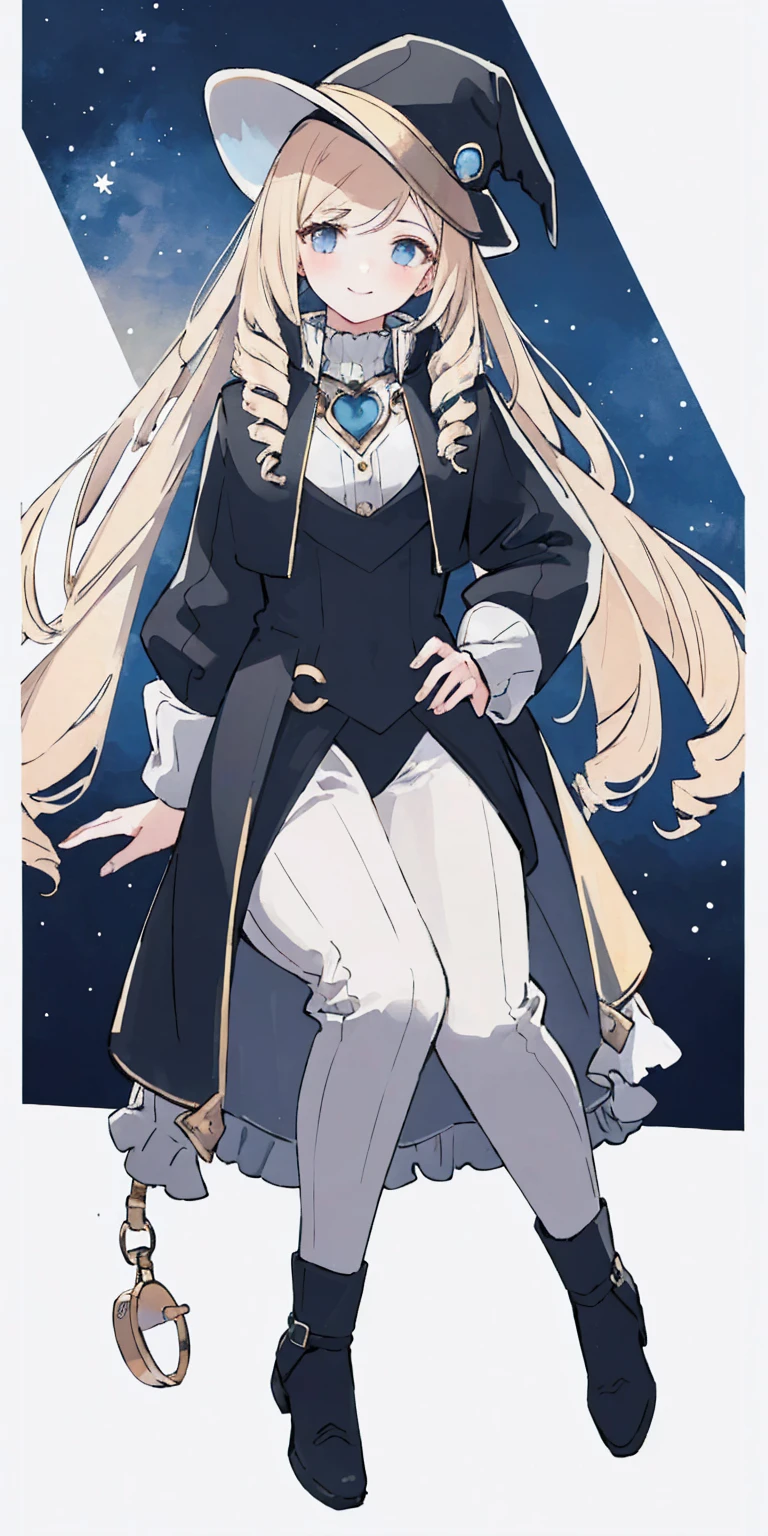 (4k, ultra high resolution, Prominence in Masterpiece, High Quality, Best Quality: 1.2) full body, 1 female, solo, 1girl, 1woman, lustful smirking smile blush, looking at viewer, sitting, blonde hair, long hair, (black jacket), beautiful and detailed face, detailed eyes, looking at the viewer (grey theme) close jacket (aesthetic clothing) hands on hips, wide hips, blonde long hair, blonde drill hair, blonde twin drills hair, blue wizard hat, Handcuffs on their hands, With a collar around the neck