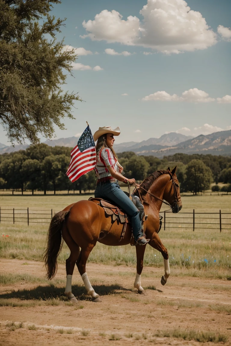 Patriotic Horseback Ride
Description: Capture a series of photos of a cowgirl riding her horse through a field or along a trail. Decorate the horse with red, white, and blue accessories such as a saddle blanket, ribbons, and a small American flag.
Props: American flag, red, white, and blue decorations for the horse.
