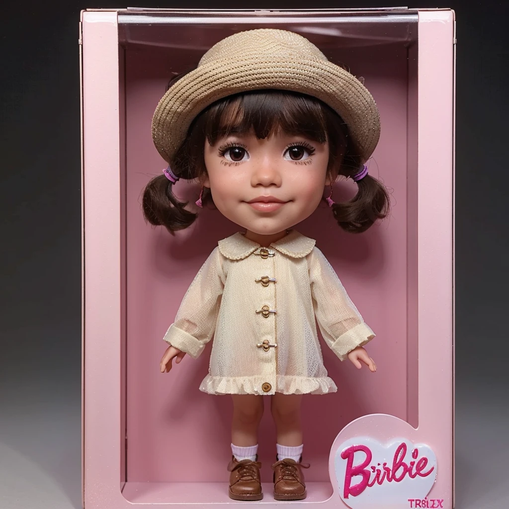 Realistic 3D caricature full bodyshot photo, a 5 year old ethnic Chinese girl, short thin hair tied in pigtails, wearing a cream colored dress and hat, brown shoes, standing in a Barbie toy box as usual with the words TRICIA, tightly closed by the part transparent.