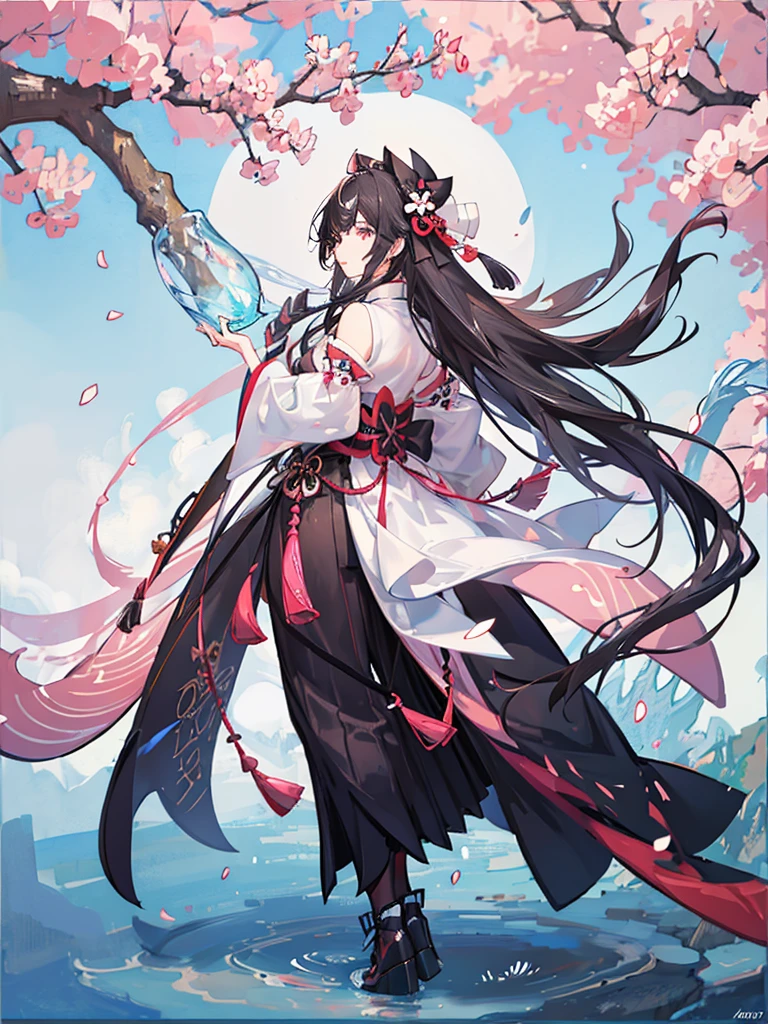 best quality, character design sheet, adult woman、No hat on, Black and pink hair, whole body, Head to Toe, Fortuneteller、Standing facing forward, Beautiful black dress, long Black Hair, Pure white background, from front, best quality, Cherry blossom pattern、Japanese、Adult Japanese、Clear eyes、Standing facing forward、The face is facing forward、holding a magic card in hand、White background、Black western dress、Neutral face、Black hair with pink inner color