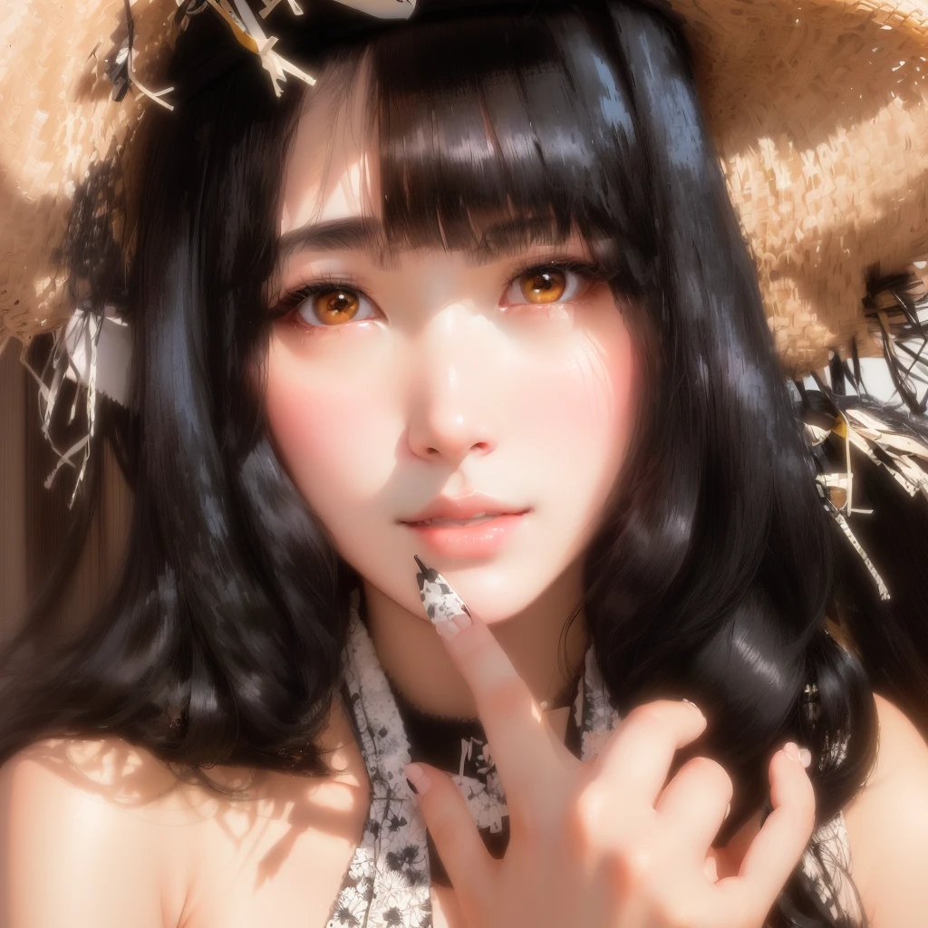 araffe woman with long black hair wearing a straw hat, ulzzang, girl cute-fine-face, cute natural anime face, beautiful japanese girls face, sui ishida with black hair, black hime cut hair, shikamimi, young cute wan asian face, kawaii realistic portrait, clear cute face, with cute - fine - face, wan adorable korean face