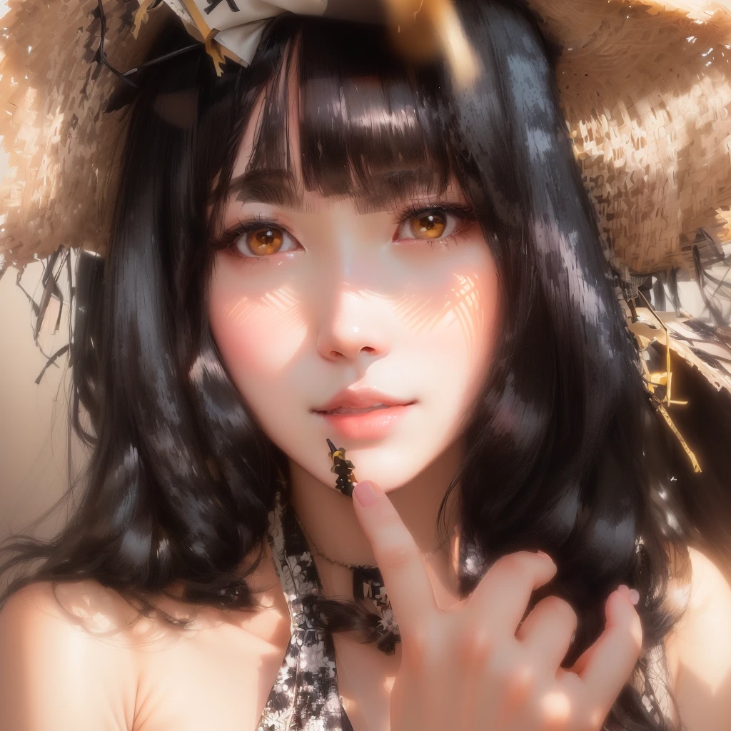 araffe woman with long black hair wearing a straw hat, ulzzang, girl cute-fine-face, cute natural anime face, beautiful japanese girls face, sui ishida with black hair, black hime cut hair, shikamimi, young cute wan asian face, kawaii realistic portrait, clear cute face, with cute - fine - face, wan adorable korean face