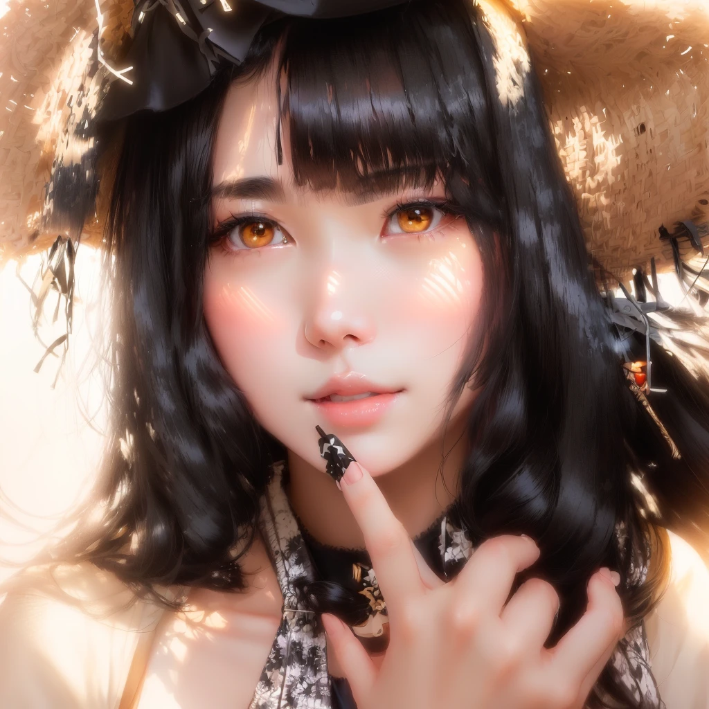 araffe woman with long black hair wearing a straw hat, ulzzang, girl cute-fine-face, cute natural anime face, beautiful japanese girls face, sui ishida with black hair, black hime cut hair, shikamimi, young cute wan asian face, kawaii realistic portrait, clear cute face, with cute - fine - face, wan adorable korean face