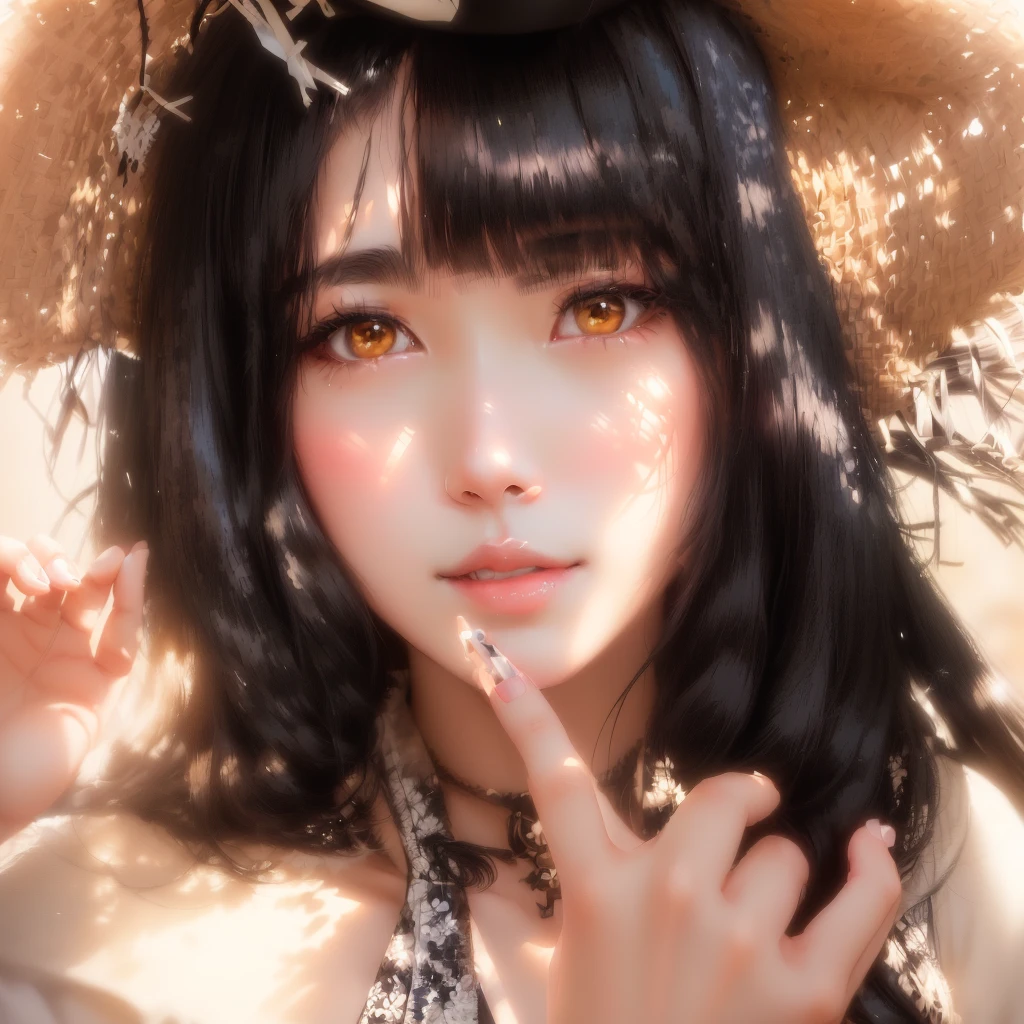 araffe woman with long black hair wearing a straw hat, ulzzang, girl cute-fine-face, cute natural anime face, beautiful japanese girls face, sui ishida with black hair, black hime cut hair, shikamimi, young cute wan asian face, kawaii realistic portrait, clear cute face, with cute - fine - face, wan adorable korean face