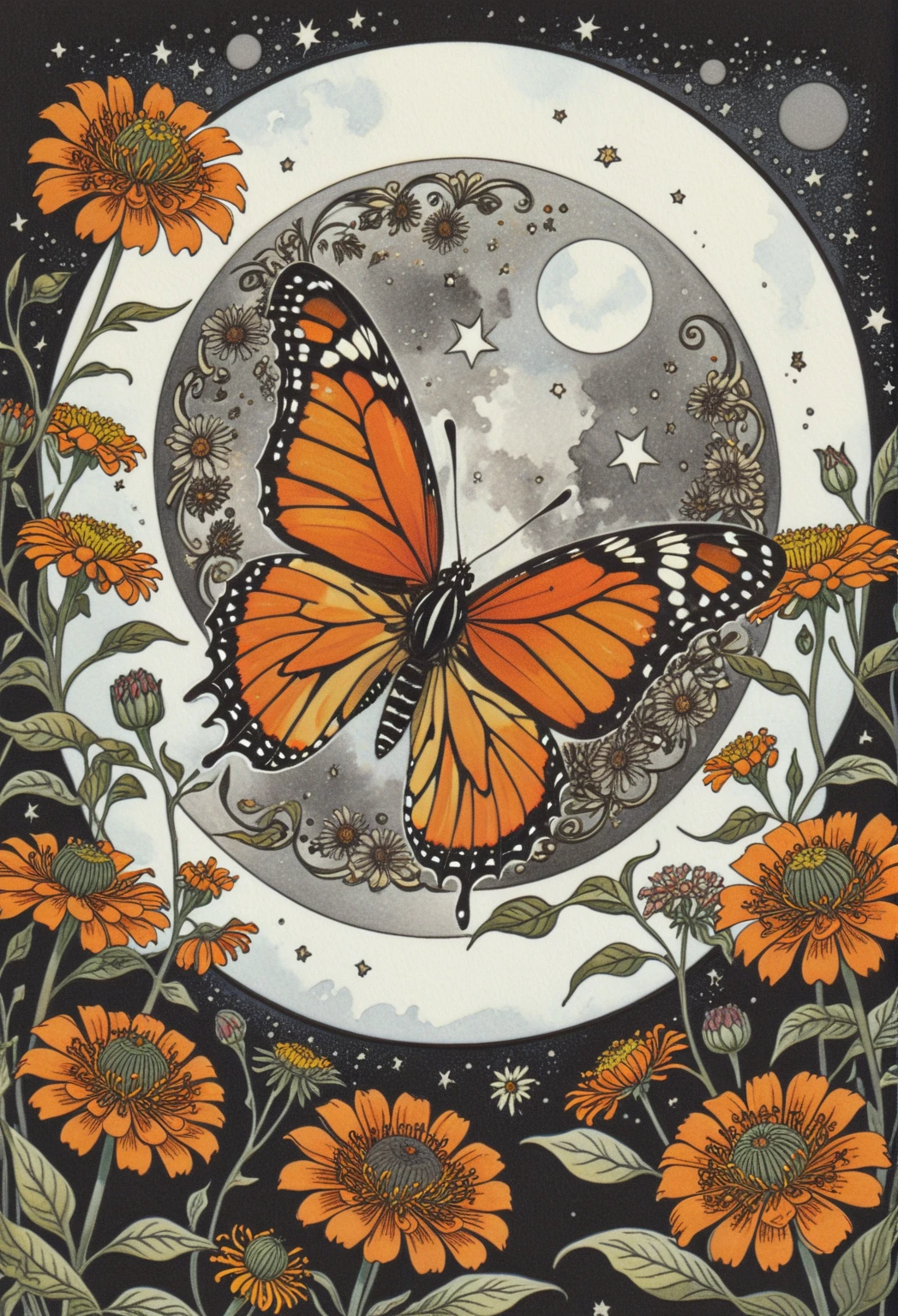 symmetric, balanced, monarch butterfly at the center of the moon surrounded by a frame of zinnia flowers, dark amber and gray colors, ephemeral patterns, witchcore aesthetics, cloisonnism, eleanor vere boyle, Ivan Bilibin Style page, lks73zb1, Inkdrawing, by Kr355e