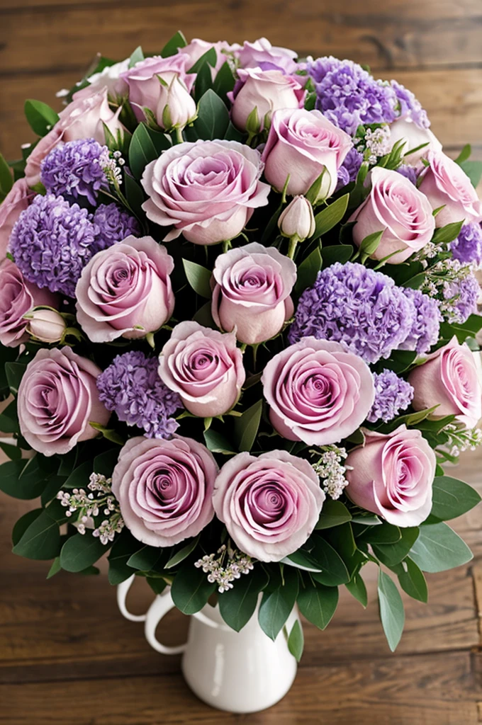 Bouquet of flowers with lilac carnations, pink and lilac roses
