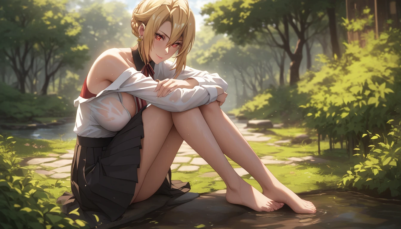 score_9, score_8_up, score_7_up, score_6_up, uncensored, angelica, blonde hair, braid, red eyes, BREAK (masterpiece:1.2), best quality, high resolution, (beautiful detailed eyes:1.3), perfect lighting, (perfect hands, perfect anatomy), large breasts, seductive smile, wet, breasts, epic art, fantasy, 1girl, barefoot, feet, skirt, breasts, outdoors, looking_at_viewer, tree, bare_legs, sitting, solo, black_skirt, legs, bare_shoulders, toes, jewelry, thighs, shirt, earrings, off_shoulder, sidelocks, bush, long_sleeves, leg_hug, pleated_skirt, glow effects, godrays, Hand drawn, Vivid colors, extremely detailed CG unity 8k wallpaper, trending on CGSociety, Intricate, High Detail, dramatic,
