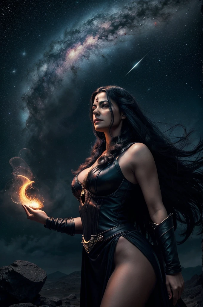 A captivating dark fantasy scene featuring Mom of Devil positioned majestically in space. Maa Kaali is depicted with hee iconic trident and serpentine hair flowing like a cosmic cloud. The background is a vast expanse of cosmos, with swirling galaxies, stars, and meteorites, creating an eerie and mesmerizing atmosphere. A celestial sphere is seen in the distance, emitting a sinister glow. The overall tone of the image is dramatic and cinematic., dark fantasy, cinematic