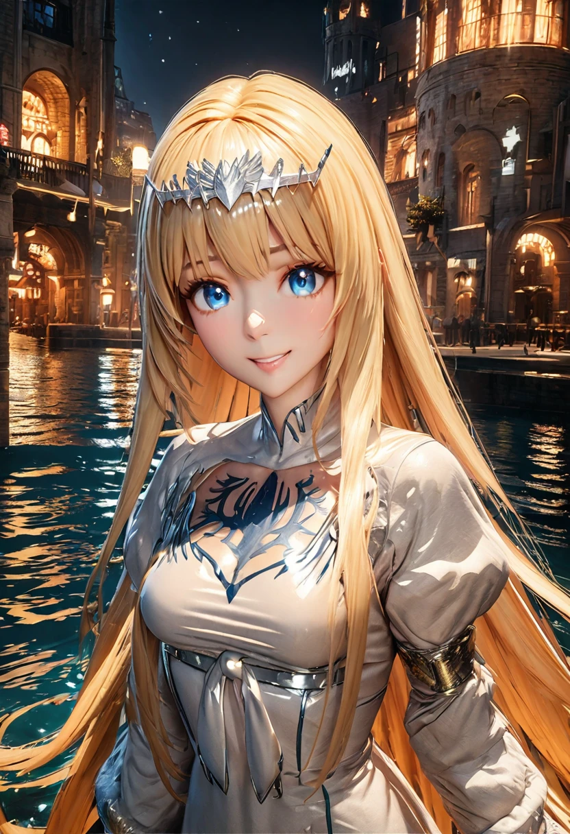 Masterpiece, Best Quality, High Definition, High Resolution, Expensive Resolution, High Definition, 4K, 8k, Unity 8k Wallpaper, High Definition CG, Masterpiece, Real, 2D, 3D, Beautiful Details, Depth, Fine Texture, Super Quality: 1.3 , create an anime-style illustration of a character ม a bright night beach background. Draw a close-up of the upper body.,. The streets are lit up in different colors and buzz with lights indicating an active nightlife. Includes light reflections from buildings in the bodies of water in between.With a smile, 1girl,solo, calca, blonde hair, ,( extremely long hair:1.3), very long hair, extra long hair, white tiara, white dress, blue eyes,Calca Bessarez, medium breast,Calca