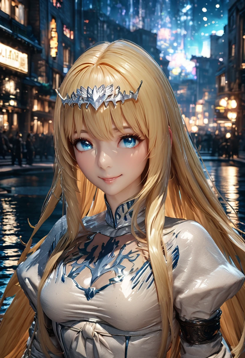 Masterpiece, Best Quality, High Definition, High Resolution, Expensive Resolution, High Definition, 4K, 8k, Unity 8k Wallpaper, High Definition CG, Masterpiece, Real, 2D, 3D, Beautiful Details, Depth, Fine Texture, Super Quality: 1.3 , create an anime-style illustration of a character ม a bright night beach background. Draw a close-up of the upper body.,. The streets are lit up in different colors and buzz with lights indicating an active nightlife. Includes light reflections from buildings in the bodies of water in between.With a smile, 1girl,solo, calca, blonde hair, ,( extremely long hair:1.3), very long hair, extra long hair, white tiara, white dress, blue eyes,Calca Bessarez, medium breast,Calca