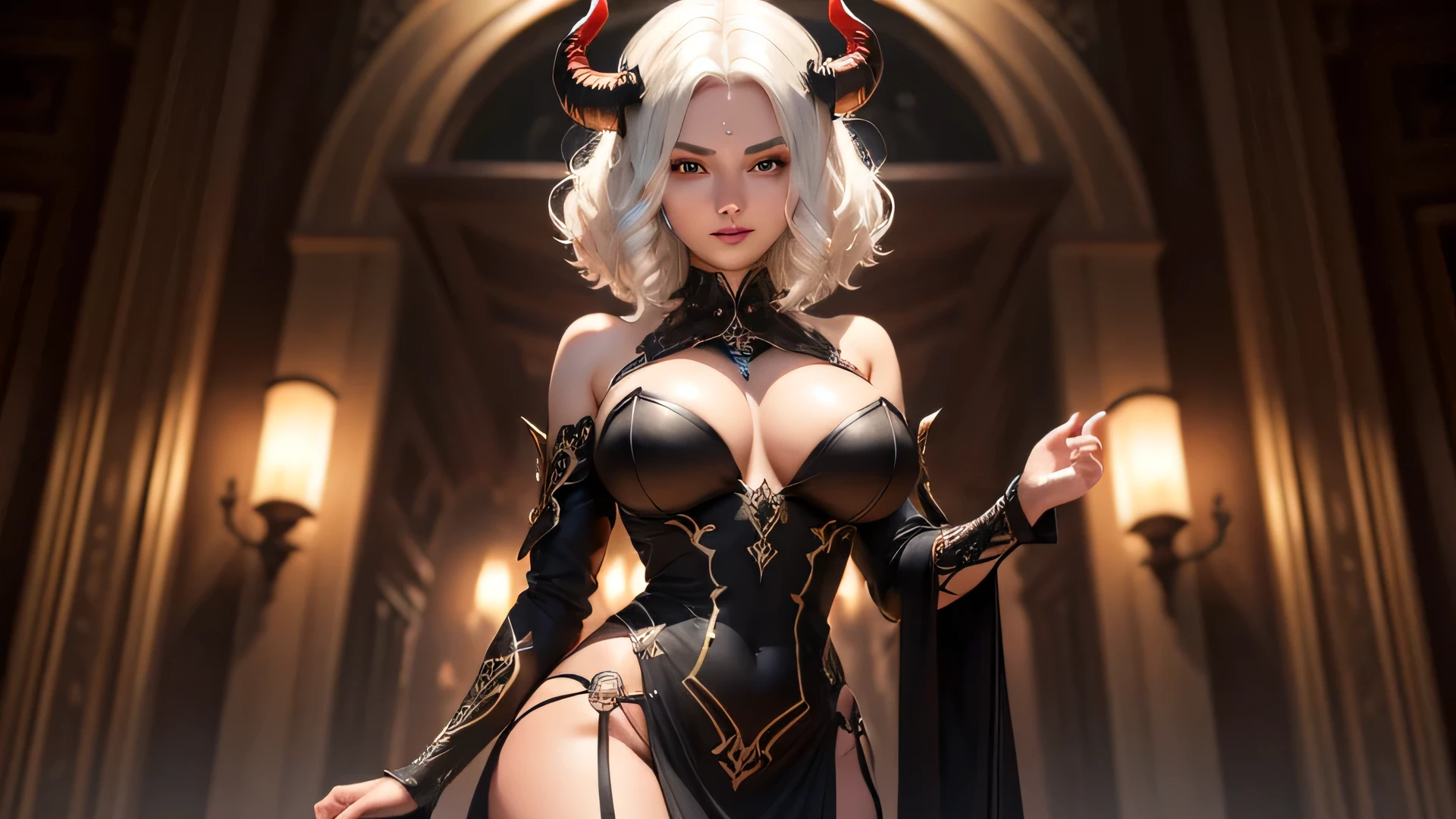 Zerg Queen Beautiful Girl: Lanlinger 18 years old, short wavy white hair styled in a bob, red eyes, oil painting, beautiful perfect face with a beauty mark, soft skin, perfect face, light black and dark shades added, Complex details, start screen, 8k resolution, masterpiece, cute face, mysterious magical background, standing with a menacing and deep look, wearing a black dress with black horns, large bust, wide malevolent smile, European features, hourglass figure (large hips, large bust, slim waist), surrounded by a dark glow
