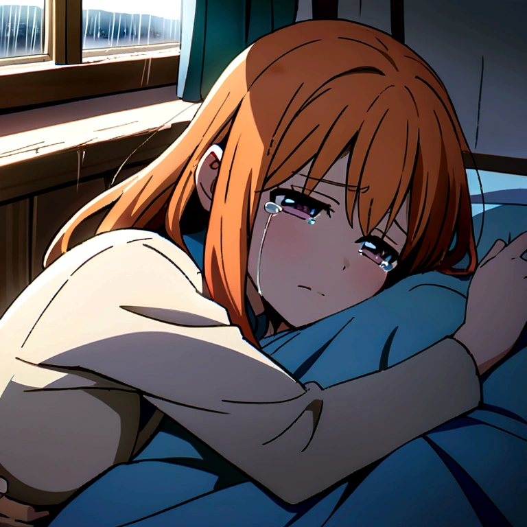 a boy and a girl in an intimate embrace on a bed, the boy crying, girl is hugging and comforting him,rain visible through a window, detailed anime style characters, 1boy, 1girl, anime, anime boy, anime fox girl, orange hair, lying down, hugging, crying, bedroom, intimate, sad, rainy window,, 8k, masterpiece, dramatic lighting