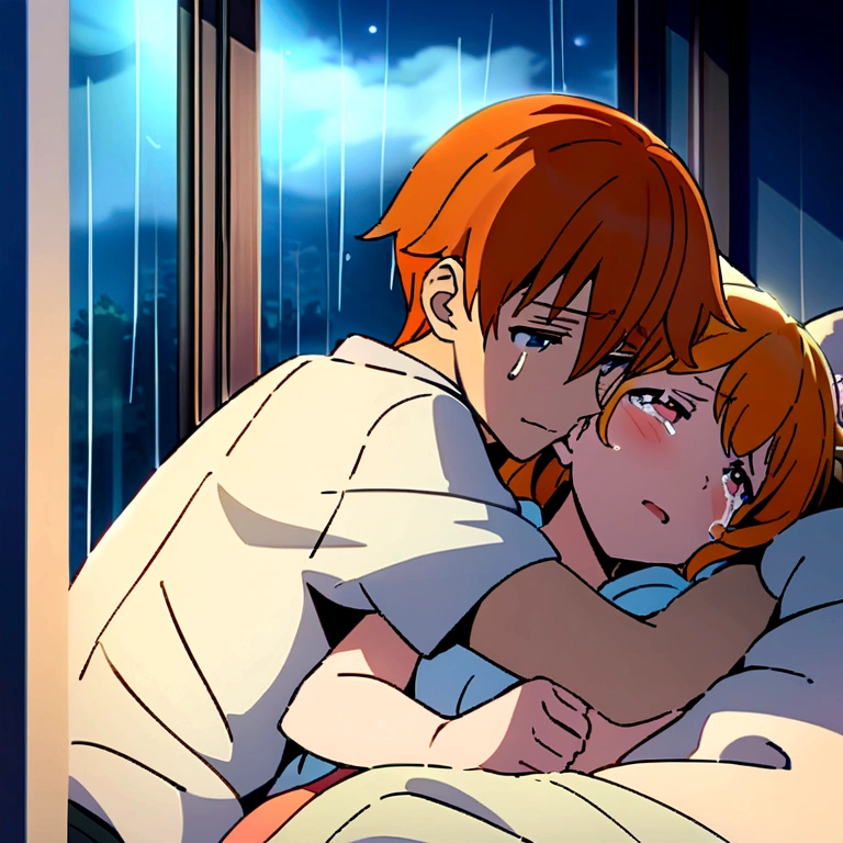a boy and a girl in an intimate embrace on a bed, the boy crying, girl is hugging and comforting him,rain visible through a window, detailed anime style characters, 1boy, 1girl, anime, anime boy, anime fox girl, orange hair, lying down, hugging, crying, bedroom, intimate, sad, rainy window,, 8k, masterpiece, dramatic lighting