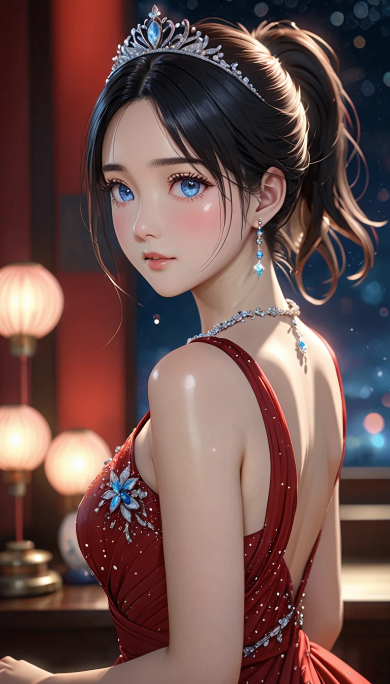 National Science Foundation,masterpiece,High resolution,8K,art,refer,3d,realism,Kyoto Animation Style,Your Name movie style,Looking into the camera,Soft Light,Glowing Skin,超High resolution, Attention to detail, High resolution, 8K, 16K, high quality, 最high quality, Super detailed, Textured skin, masterpiece, Accurate, Anatomically correct, Awards,(1 female: 1.3),(alone: 1.4),Starry Sky,(((Black Hair))),美しいBlack Hair,(((Ponytail Hair))),(Beautiful crimson evening dress),(((Elegant and beautiful red dress))),Gorgeous red evening dress with Swarovski crystals,(Crystal Hairpin),(Crystal Necklace),(Crystal Earrings),(Crystal Bracelet),(Crystal Ring),(A woman wearing a beautiful tiara on her head),(((Tiara studded with tiny diamond jewels))),Long eyelashes,Thin legs,Close-up,Bust Shot,(Starry Eyes),(Pale blue eyes),Beautiful, shining eyes,Clear Eyes,Watery eyes,(blush),(shy),(Face, head and body must not extend beyond the screen)
