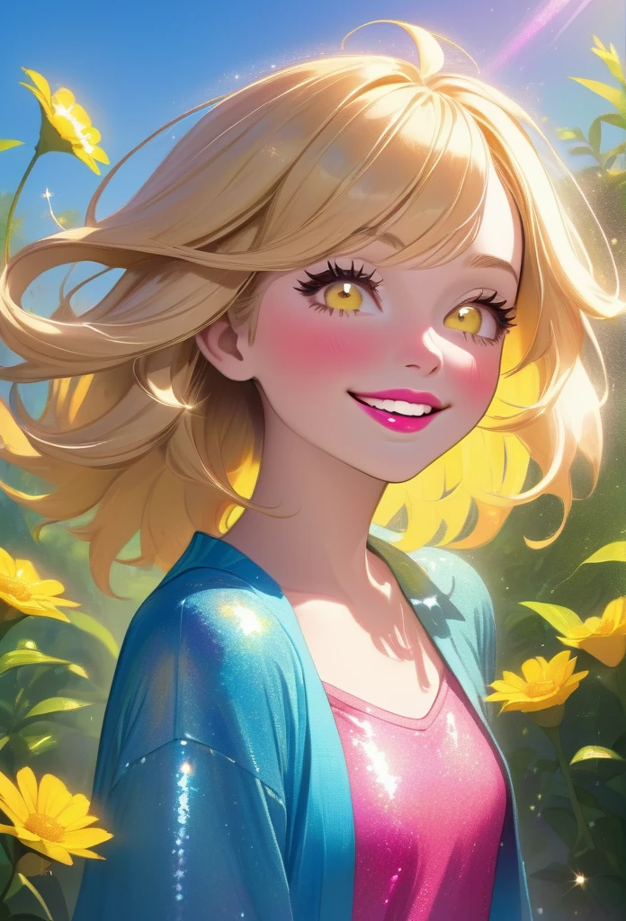 Generates a woman with very white skin, thin pink mouth, by the laugh, blonde with a straw tone , mid back hair, hazel eyes, pink cheeks and have ankles on your face naturally, shadows, sparkles, in blue yellow and pink, pelo rizado, pelo color rubio cenizo, labios rosa palido naturales, regordeta, ceja poblada