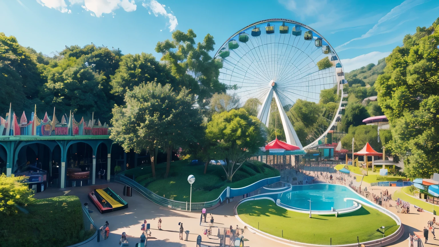 a lush green hill with a large amusement park at the top, ferris wheel, expansive outdoor pool, bird's eye view of the park, modern and stylish atmosphere, bright sunlight, blue sky, detailed photorealistic masterpiece, ultra-detailed, 8k, hyperrealistic, physically-based rendering, vibrant colors, dramatic lighting, sweeping landscape, summer day